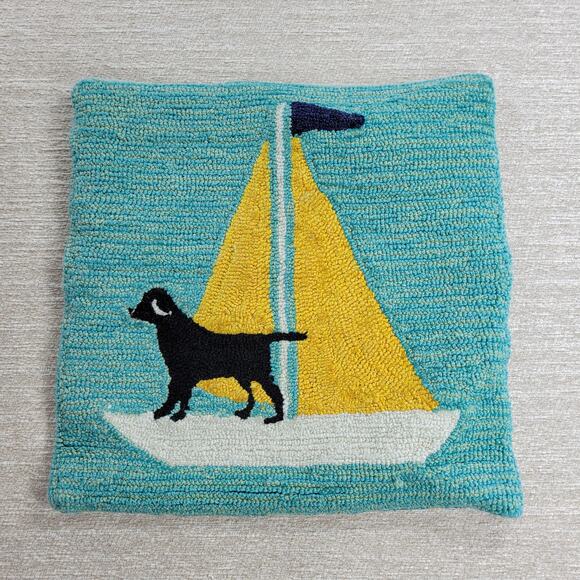 Handmade Hooked Wool Pillow Cover Dog Sailboat Nautical Coastal 17x17 - Picture 1 of 11